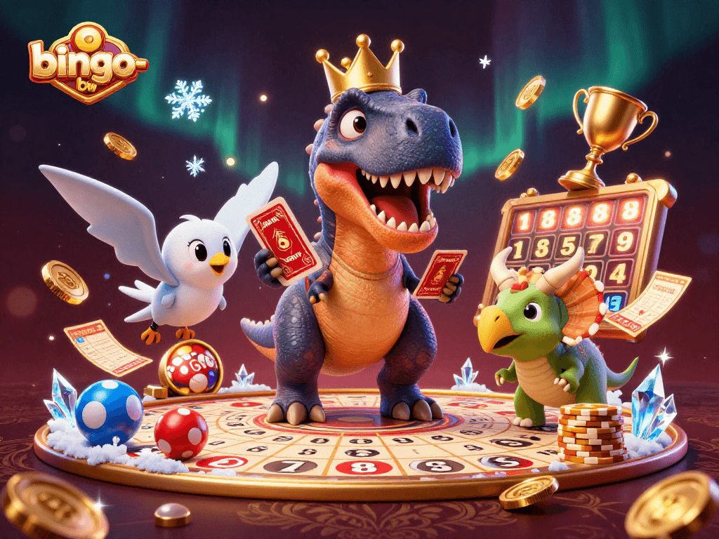 Engage with exciting bingo-bnw gameplay featuring a colorful scene of T-Rex card shuffling.