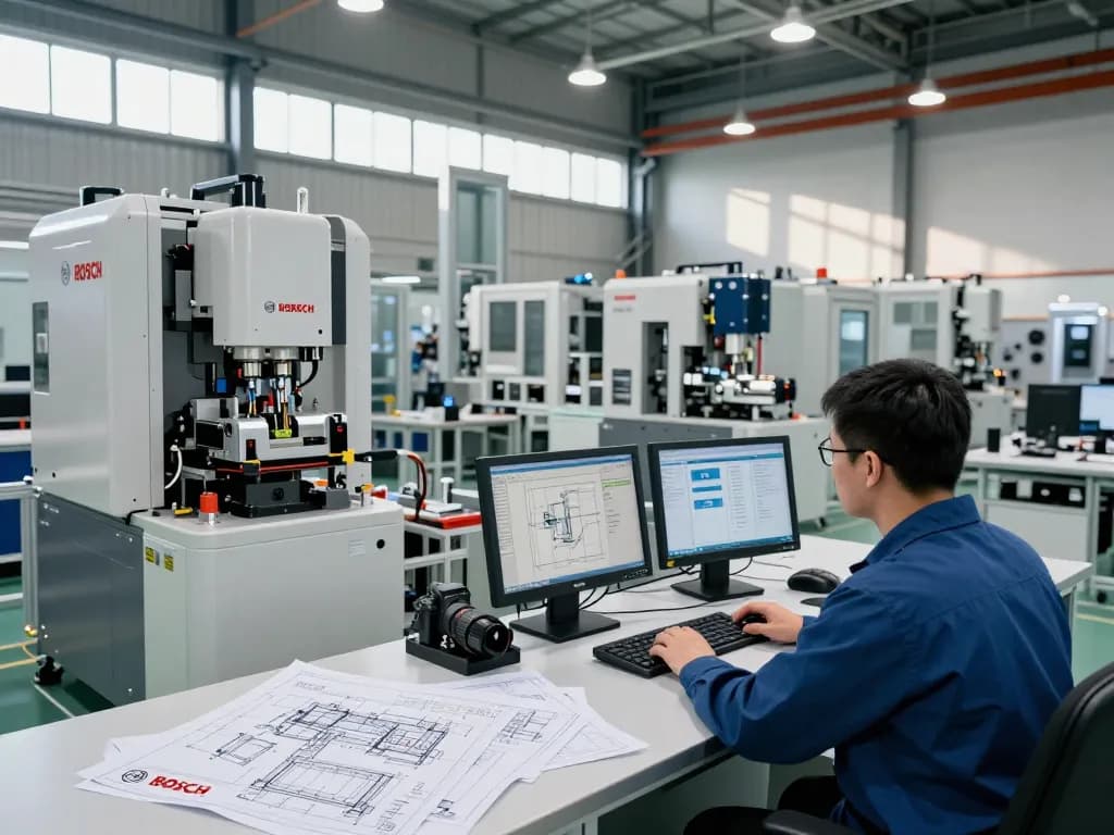 Engineer monitoring Bosch Rexroth machinery in high-tech manufacturing workspace, showcasing automation solutions.
