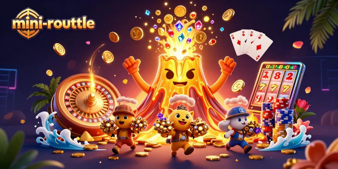 Experience mini-roulette fun with a golden volcano erupting riches and a dynamic casino scene.