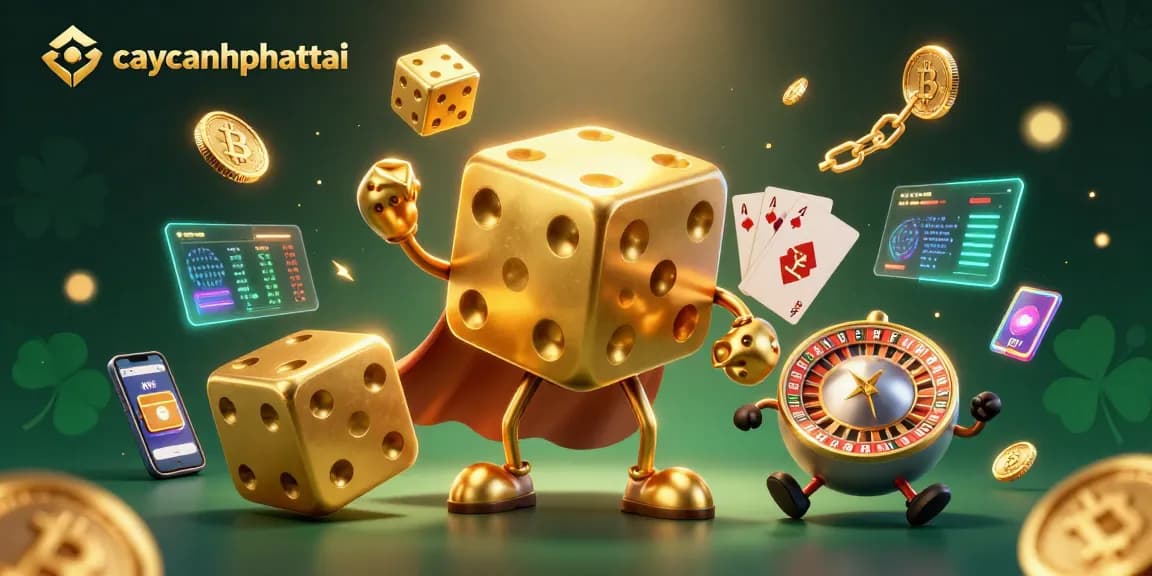Spin the reels in caycanhphattai, showcasing vibrant golden dice and exciting gambling elements.