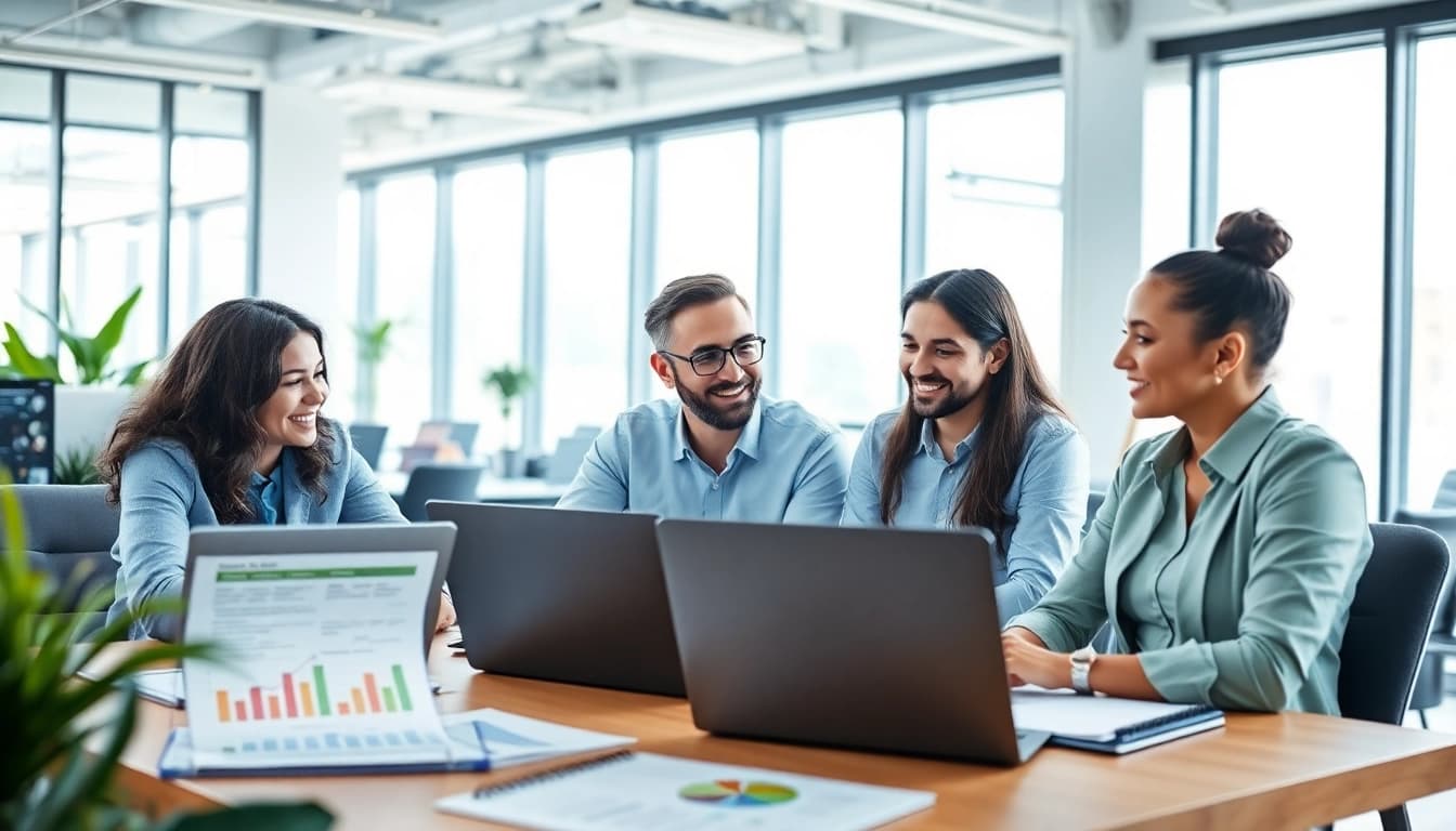 Marketing Agency professionals collaborating in a vibrant office environment with digital tools.