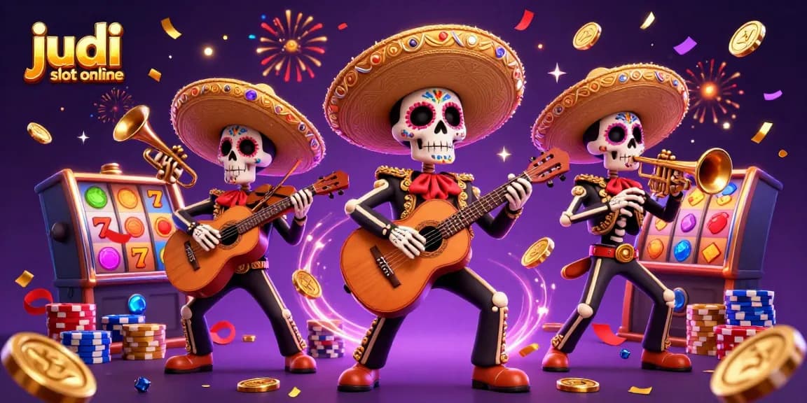 Experience the excitement of judi slot online with vibrant skeleton mariachi band and dynamic casino elements.