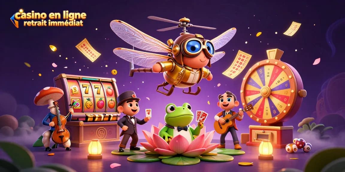 Illustration de casino en ligne retrait immédiat avec un pilote de libellule et un croupier grenouille.
