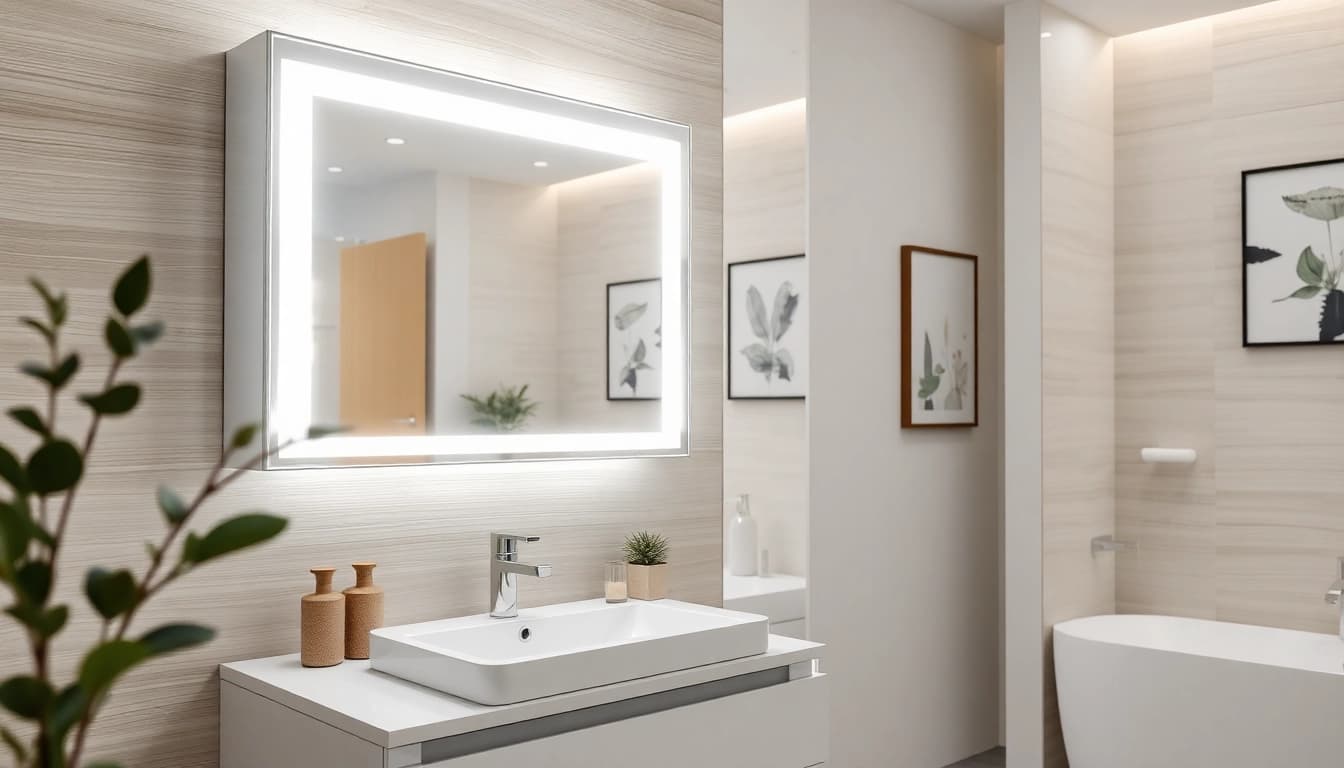 Spiegelschrank mit LED Beleuchtung im modernen Badezimmer mit elegantem Design und klarer Beleuchtung.