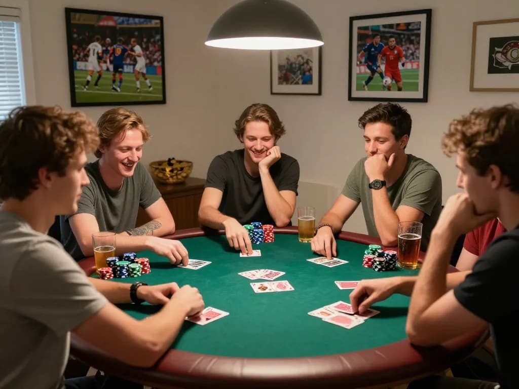 Engaging friends enjoying a poker game while managing their giường bệnh nhân, creating a lively and strategic atmosphere