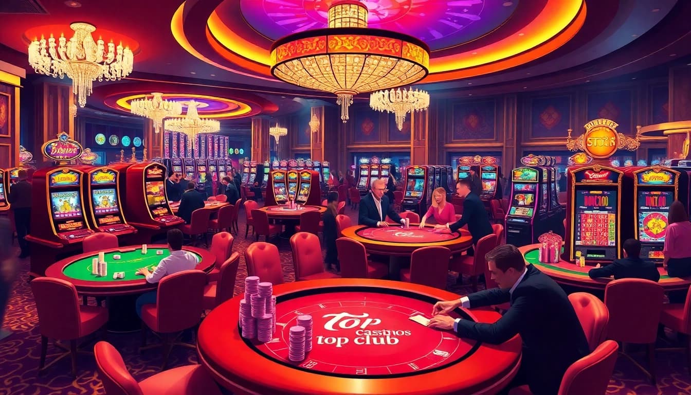 The top club casino scene featuring luxurious game tables, poker chips, and vibrant slot machines, creating an exciting gambling atmosphere.