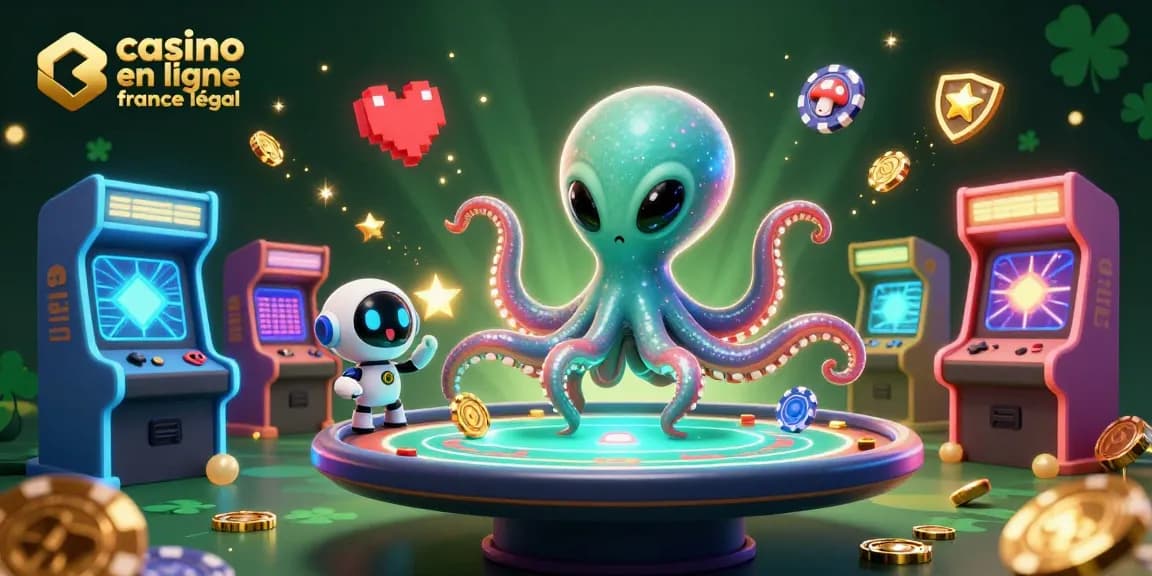 Jouer au casino en ligne France légal avec une illustration d'un poulpe cosmique et un robot entourés de jetons en forme d'astéroïdes.