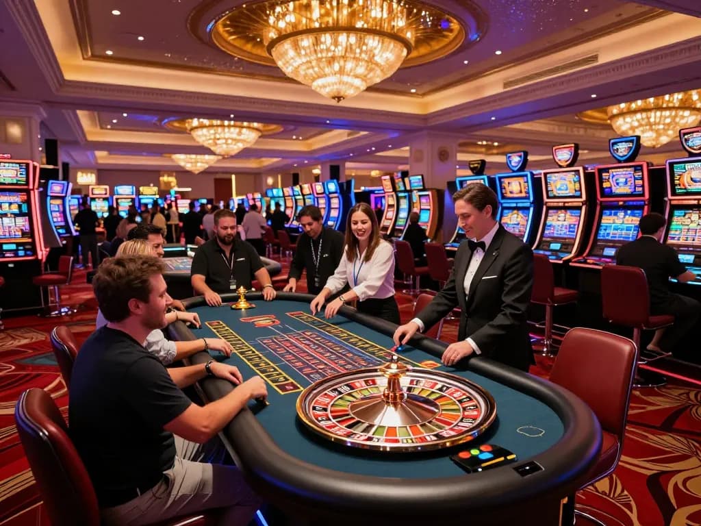 Winstrike69 players enjoying an exciting roulette game at a lively Las Vegas casino floor.