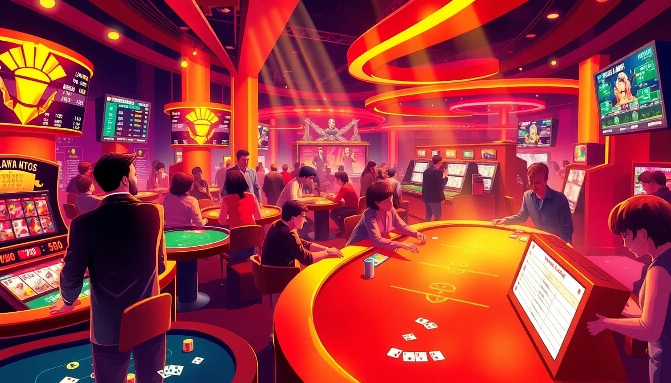 Exciting online gambling scene at https://f8betink.io/ showcasing diverse games and players in a vibrant casino atmosphere.