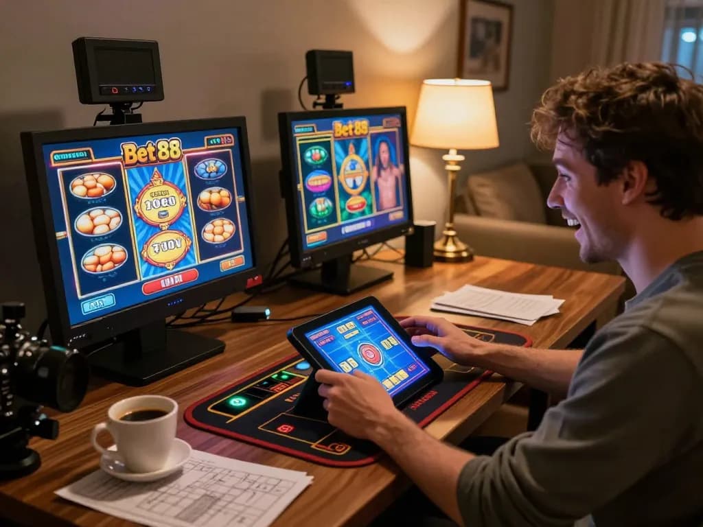 Engaging with Bet 88 online casino, a player enjoying slots on iPad in cozy home setting.