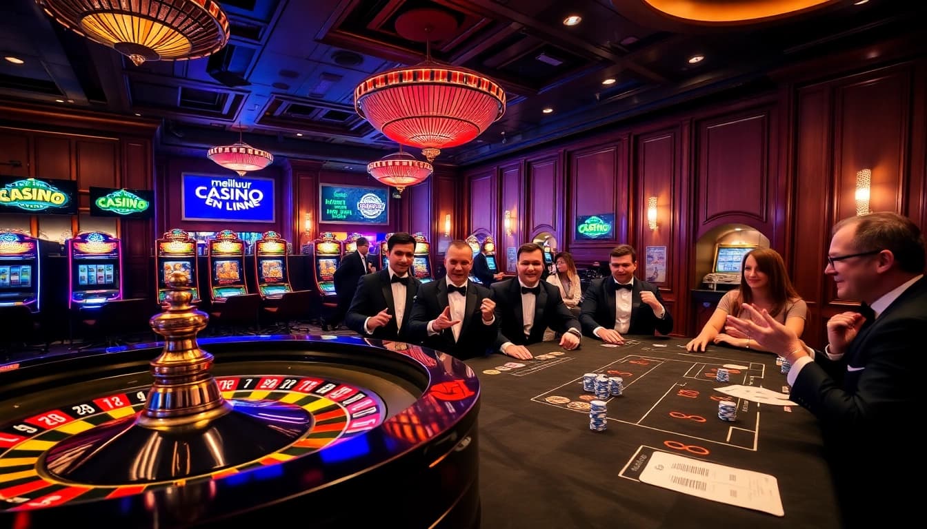 Image d'une partie de poker à enjeux élevés au meilleur casino en ligne mettant en vedette des joueurs intenses et une atmosphère vibrante.