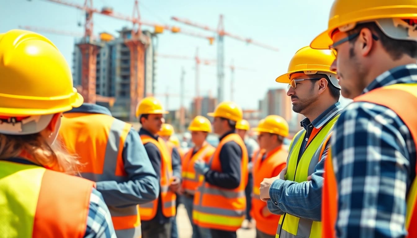 Implementing construction safety programs with workers in safety gear at a job site.