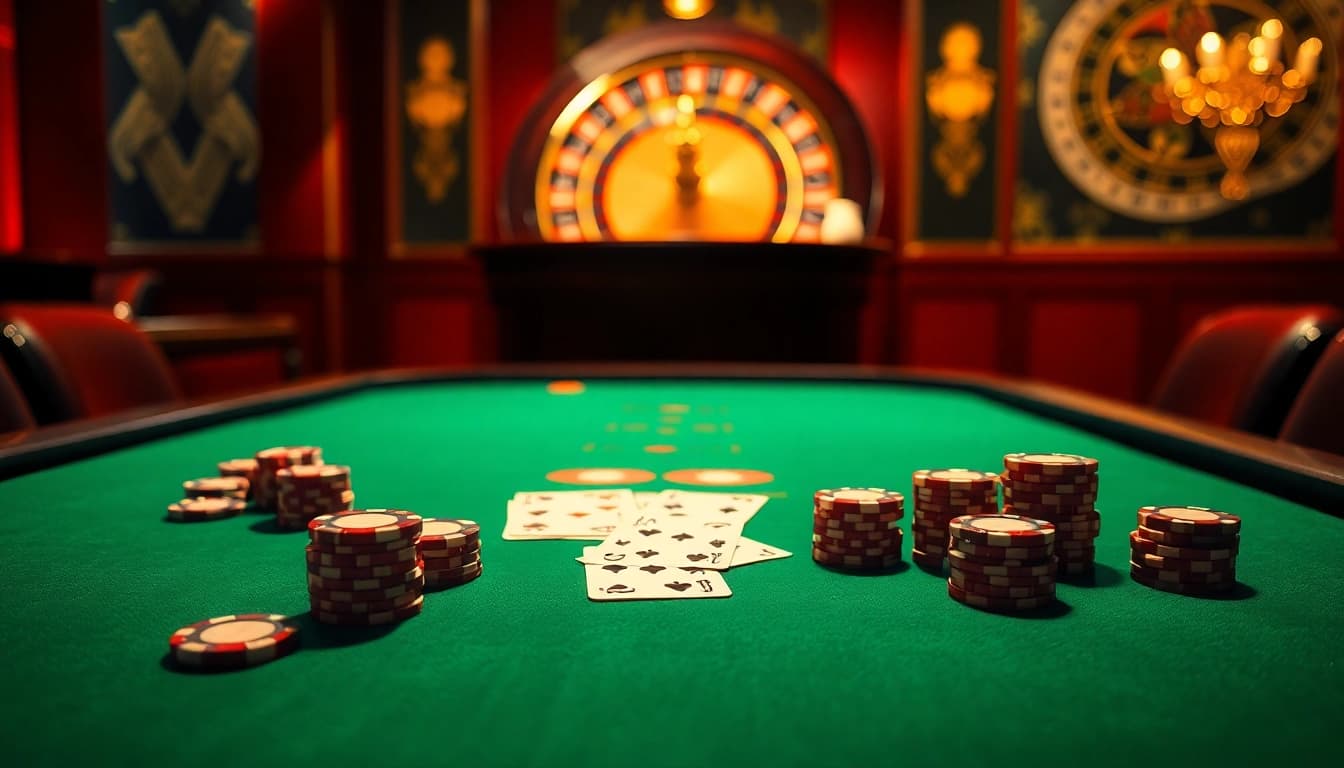 Rasakan aksi idn play yang mendebarkan di meja poker kasino mewah, menampilkan permainan dan kegembiraan.