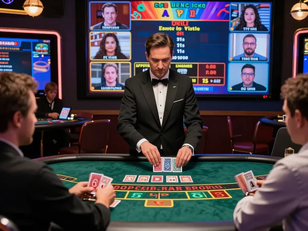 Immersive online baccarat gaming session with professional dealer and interactive player avatars in vibrant casino atmosphere.