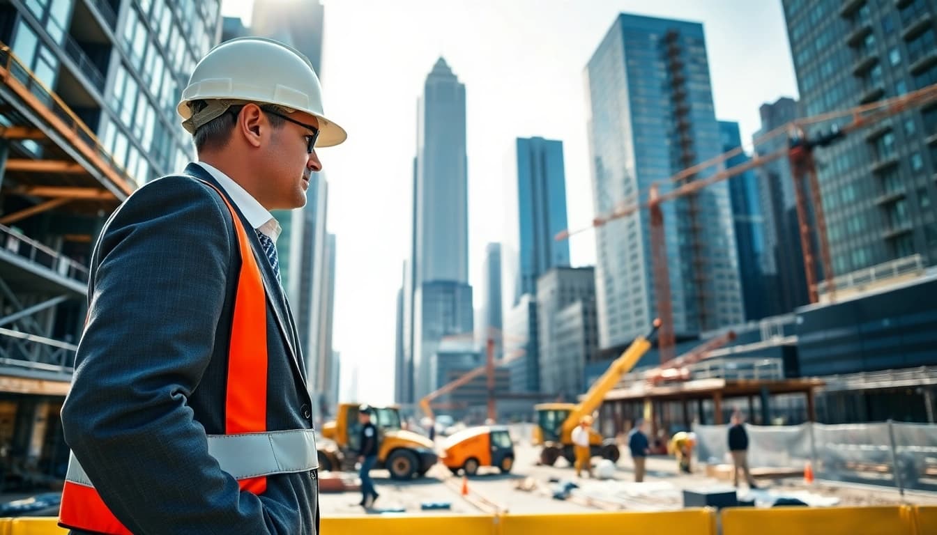 New York City Construction Manager actively collaborating on a construction site.