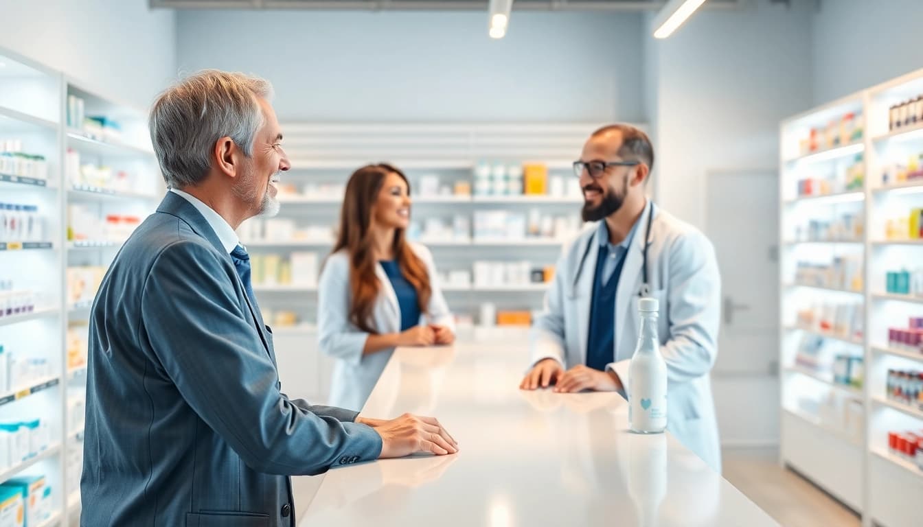 Engaging scene of an online pharmacy where a pharmacist guides a customer through services.