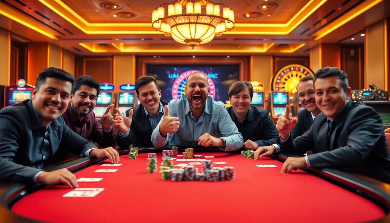 MM88 thrilling casino scene with professional poker players, vibrant chips, and roulette.