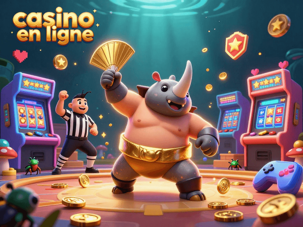 Illustration dynamique d'un champion sumo rhinocéros dans un casino en ligne, avec pièces et machines à sous voltigeant autour.