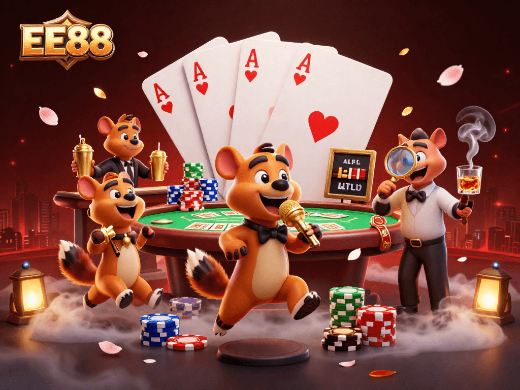 EE88 showcases a lively casino scene featuring hyenas in various comedic roles, enhancing the gaming experience.