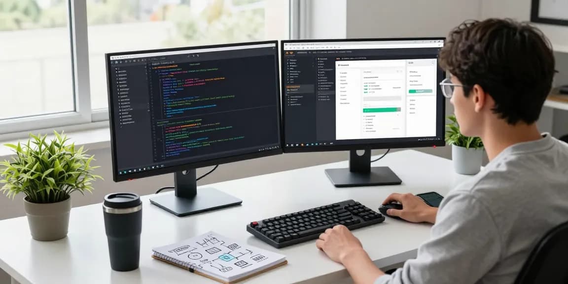 Developer's workspace showcasing 纸飞机官网 features with dual monitors and coding environment.
