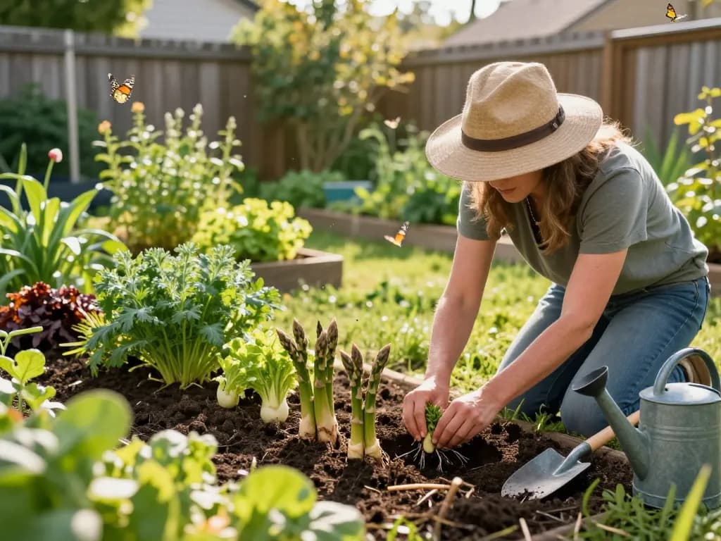 Asperges moestuin planting scene with gardener in vibrant garden preparing asparagus crowns in rich soil.