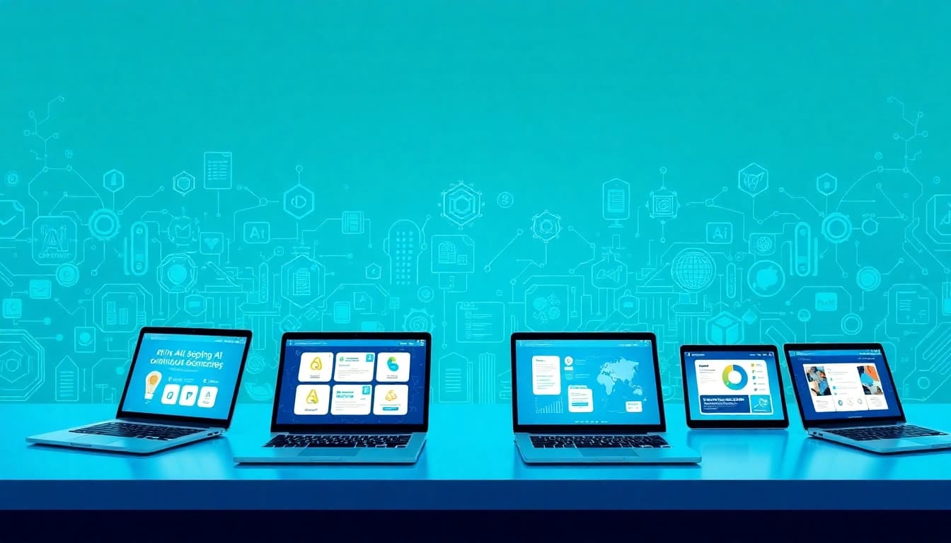 Showcasing the ai tool marketplace with diverse applications and devices in a vibrant digital setting.