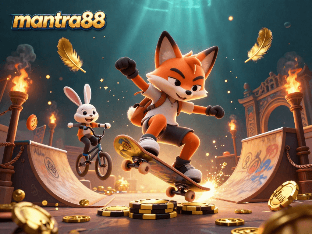 Experience thrilling wins with mantra88 in a vibrant 3D casino scene featuring lively characters and dynamic elements.