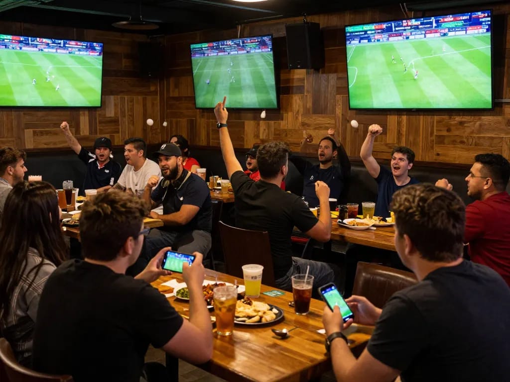 Cakhia tv fans enjoying live soccer while placing bets in a lively sports bar with exciting atmosphere