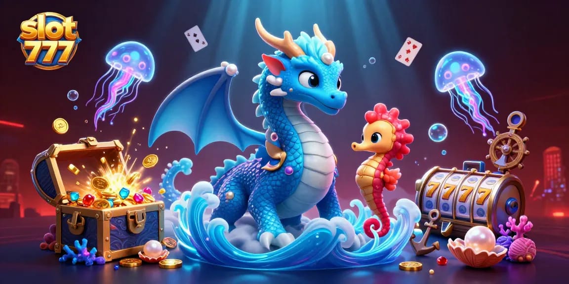 Mainkan slot 777 dengan naga air 3D dan kuda laut bersenjata di latar belakang yang kaya detail.