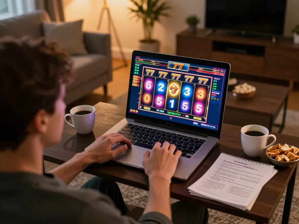 Engaged player enjoying slot77 online gaming at home with vibrant graphics and warm ambiance.