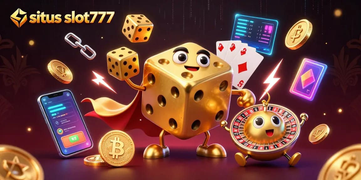 Play exciting games at situs slot777 with cartoon golden dice juggling as crypto coins surround them.