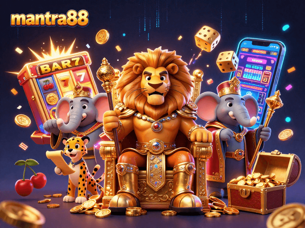 Experience the excitement of mantra88 with a vibrant 3D casino scene featuring a lion king, elephant advisor, and the thrill of jackpots.
