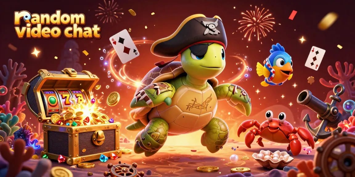 Engage in random video chat while playing casino games with colorful characters and vibrant treasures.