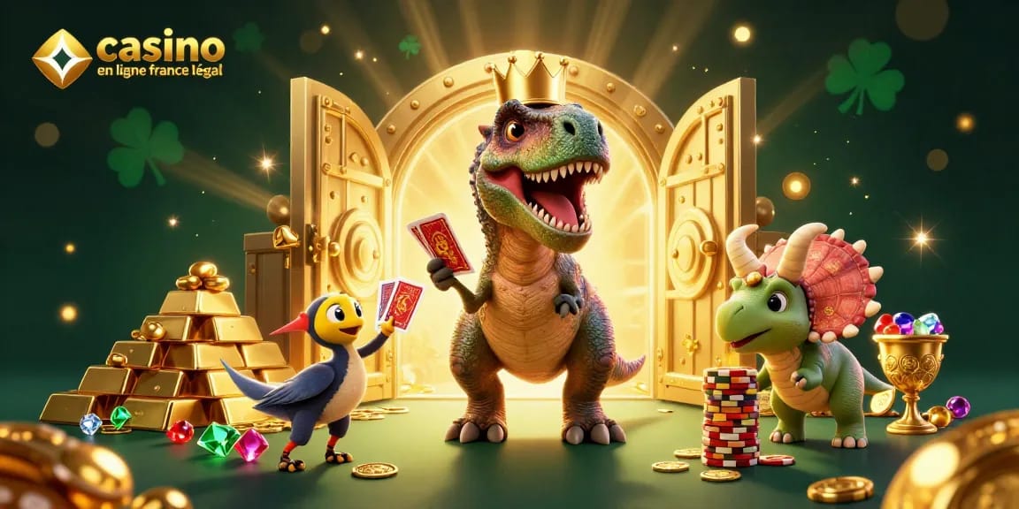 Plongez dans l'univers du casino en ligne France légal avec un T-Rex et des dinosaures jouant aux cartes.