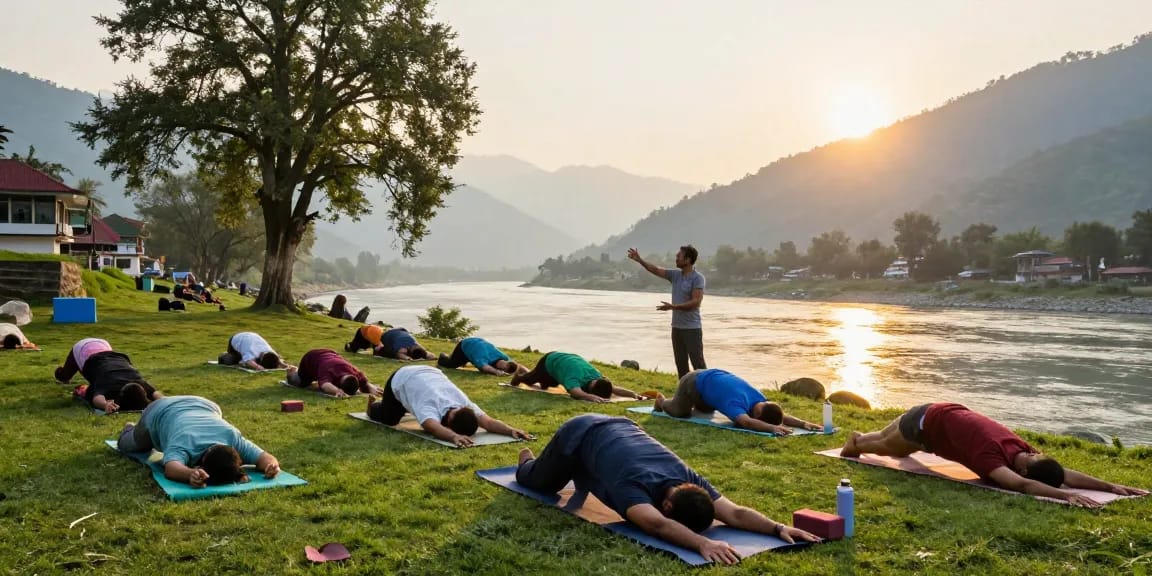 Best Yoga teacher training course in rishikesh, diverse students practicing yoga by the Ganges River in Rishikesh during sunrise.