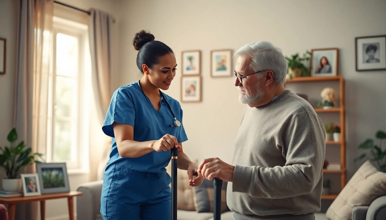 Caregiver providing compassionate home healthcare services to an elderly patient in a warm living room.