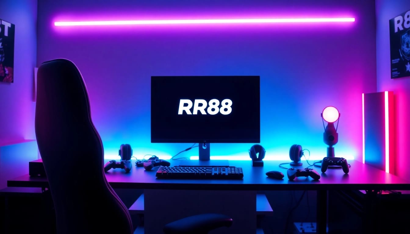 Engaging gaming setup featuring the RR88 logo prominently displayed on a sleek computer monitor.