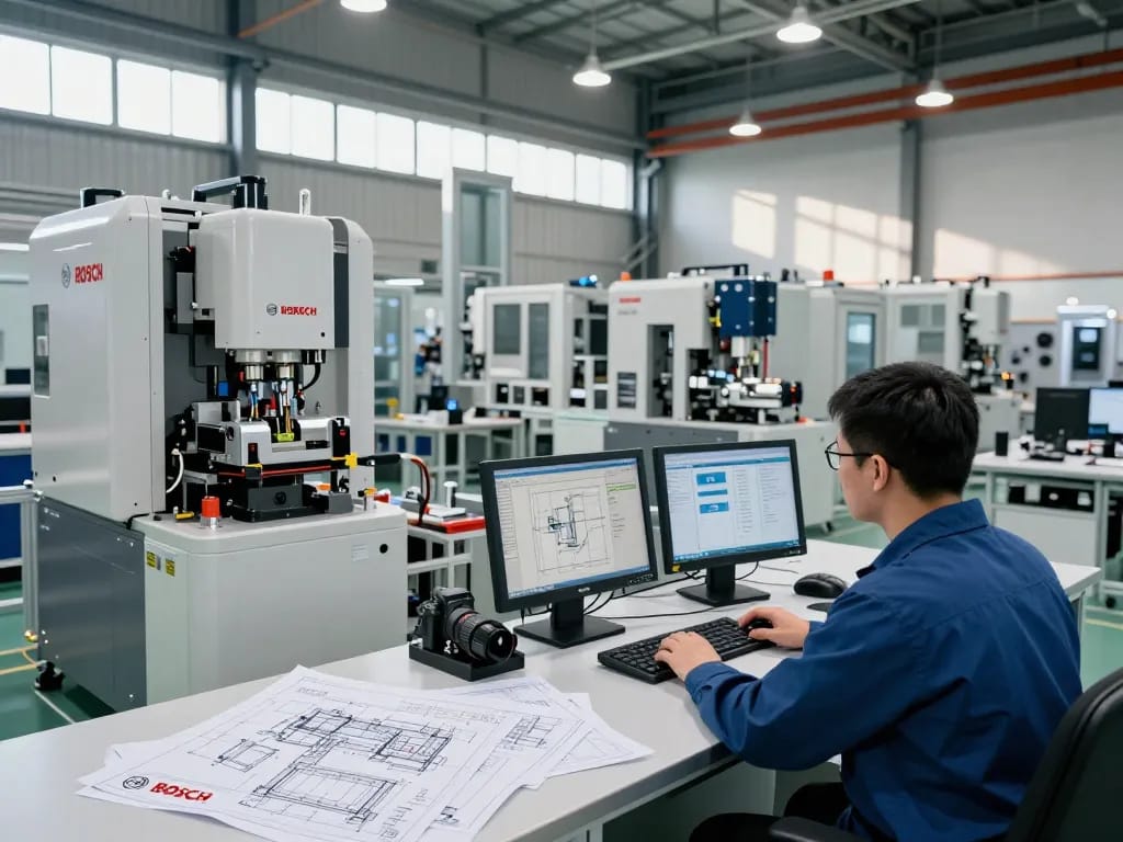 Engineer monitoring Bosch Rexroth machinery in high-tech manufacturing workspace, showcasing automation solutions.