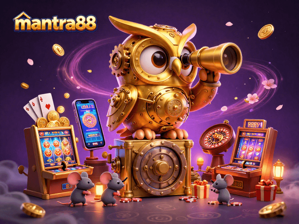 Experience the excitement of mantra88 with a vibrant casino scene featuring a golden owl and gaming elements.