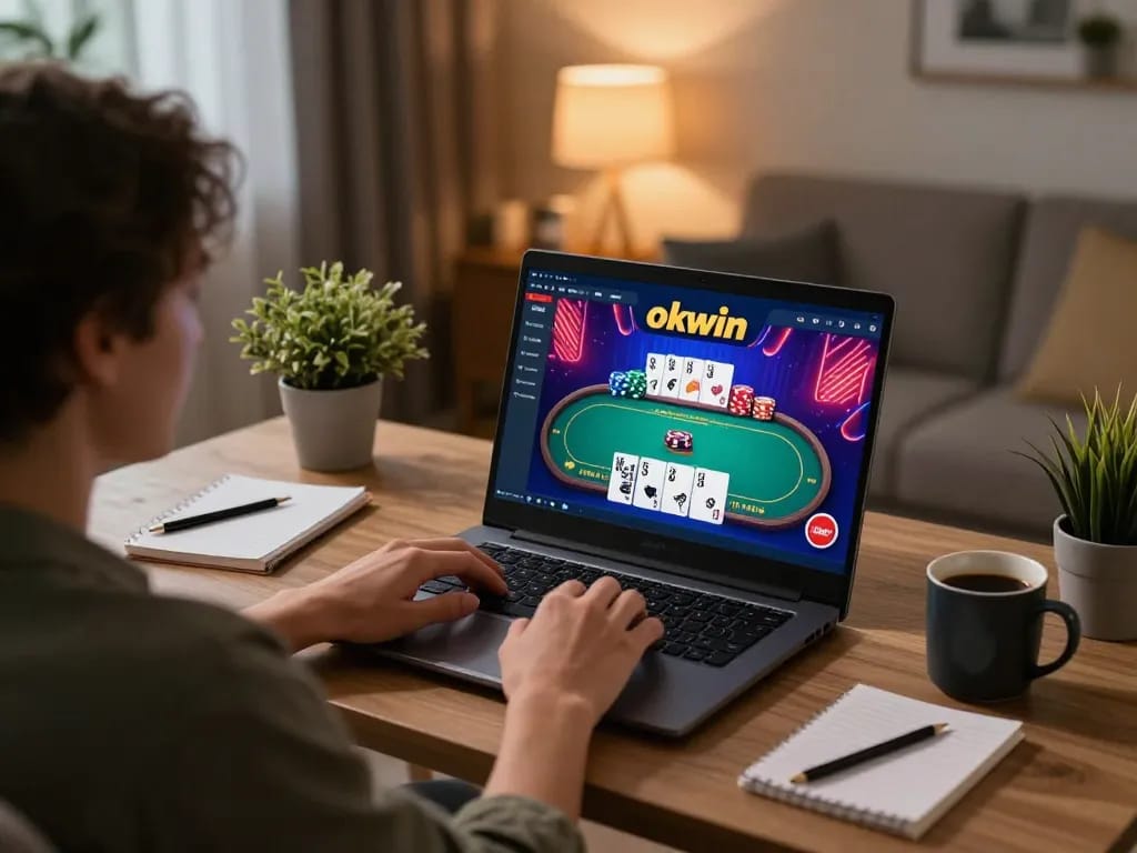 Engaging player immerses in okwin online poker gaming setup at home with lively atmosphere