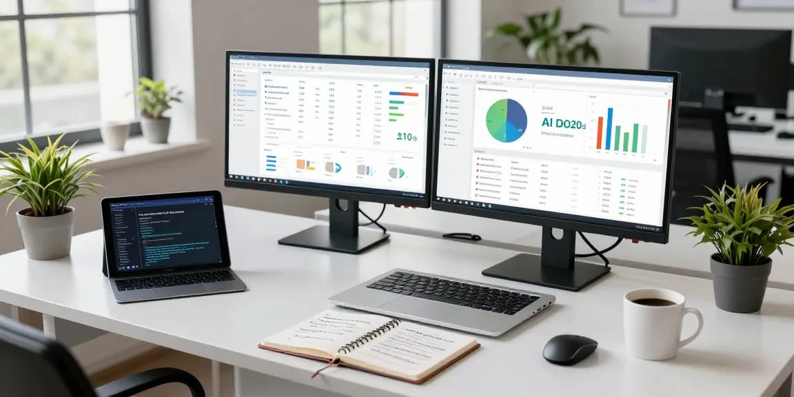 AI detector analysis in a modern tech workspace featuring dual monitors and data visualizations.