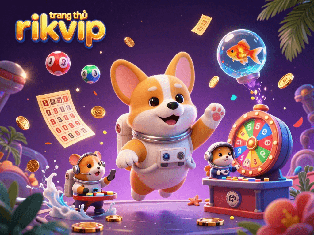 Play exciting games on trang chủ rikvip with a whimsical depiction of a cartoon corgi enjoying a space casino adventure.