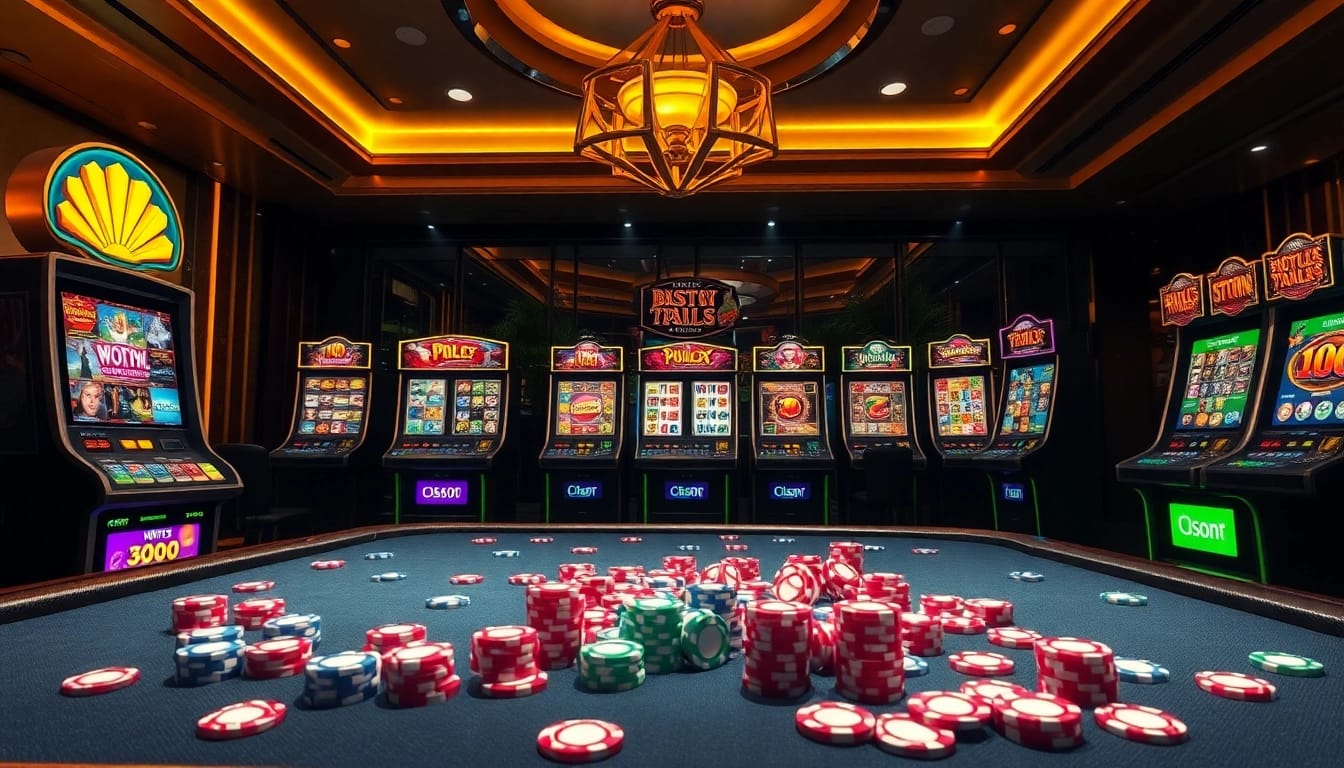 Antarmuka permainan situs slot yang menampilkan mesin-mesin berwarna-warni dan chip poker dalam suasana kasino online mewah