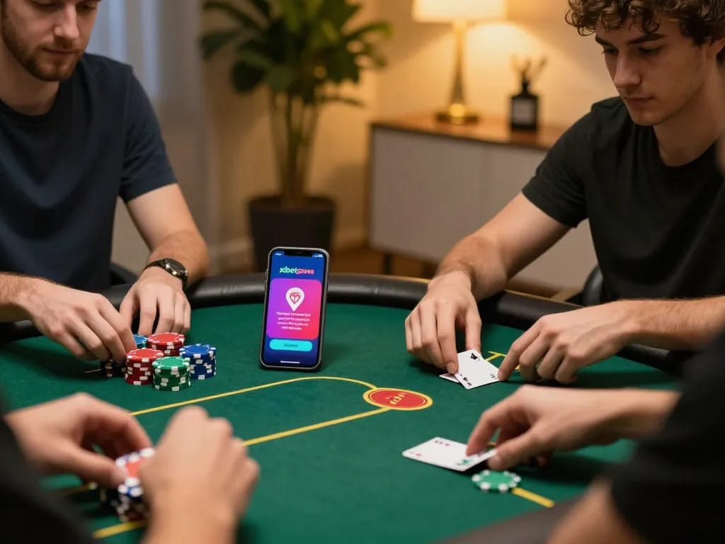 Xibetgame online poker players engaged in strategic gameplay with smartphone app in stylish home setting.