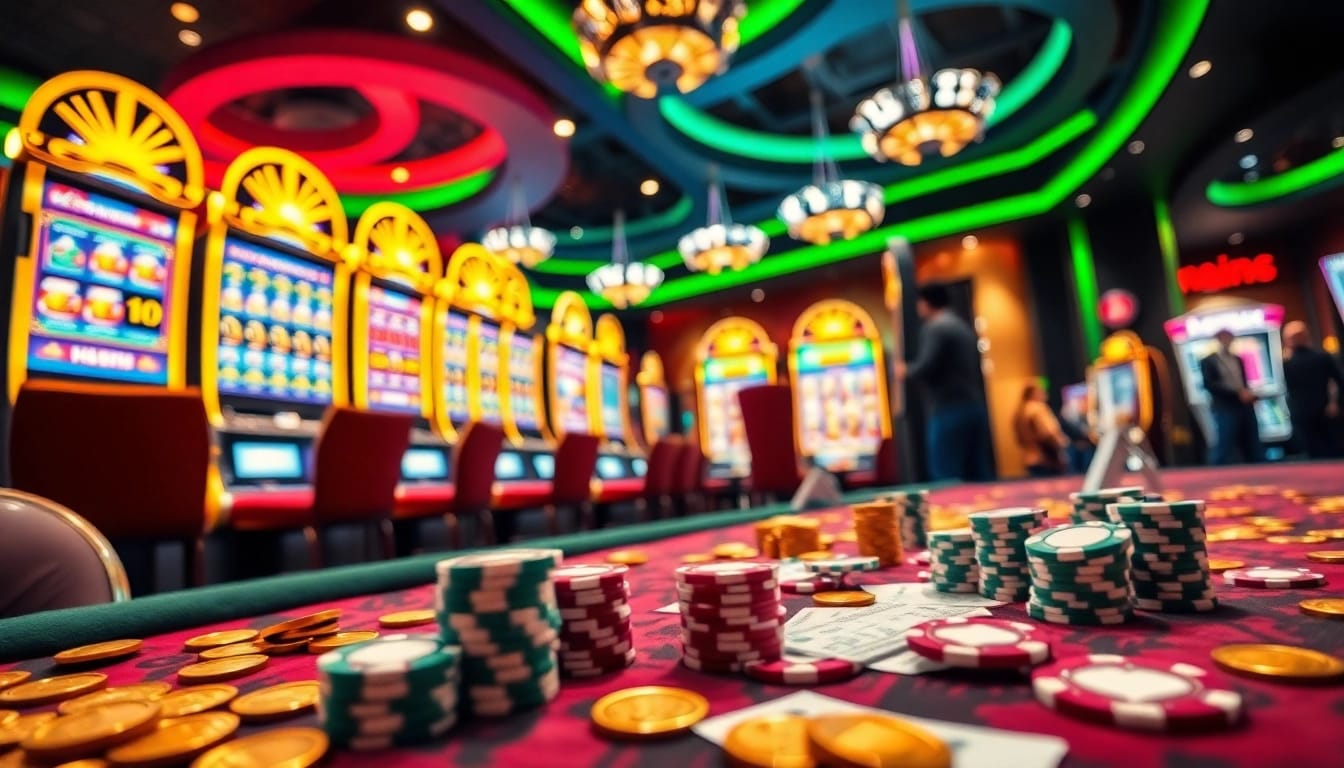 Adegan kasino yang penuh warna menampilkan mesin slot dan tiket taruhan yang menonjolkan kegembiraan peluang deposit slot 1000.