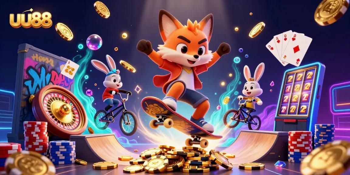 uu88 shows a lively 3D scene with casino themes featuring animated characters in action.