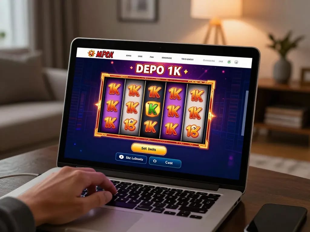Engaging with a depo 1k slot game on a laptop while practicing responsible gaming limits in a cozy environment.