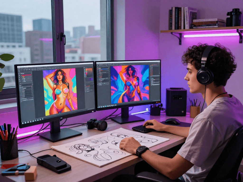 Innovative artist workspace creating ai porn digital art with vibrant colors.