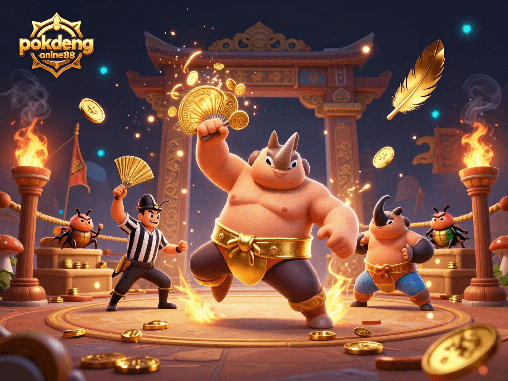 Engage in thrilling gameplay with pokdeng-online88, featuring a dynamic scene of a rhinoceros beetle sumo champion.