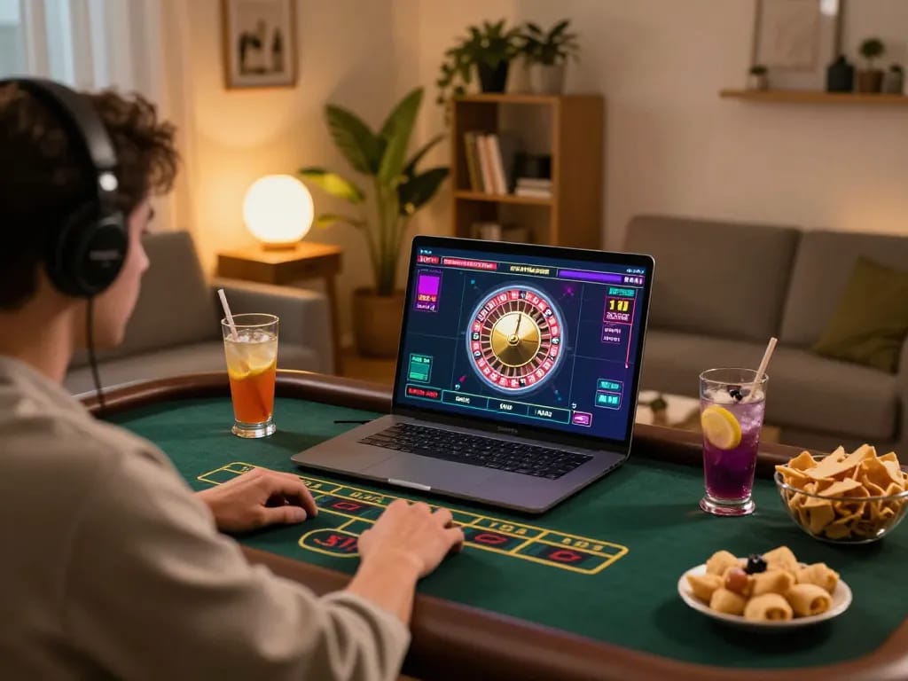 Player enjoying online roulette gameplay on laptop with oli4d interface, cozy home atmosphere